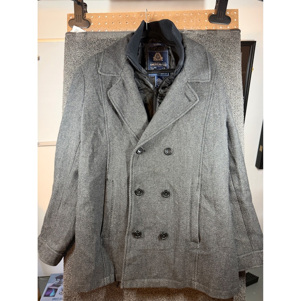 American Rag Pea Coat Mens XL Gray Wool Blend Quilted Bib Herringbone Jacket